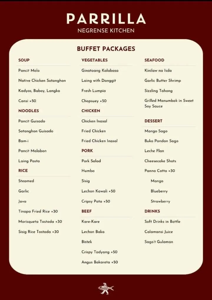 Parrilla buffet packages — soup, noodles, rice, vegetables, chicken, pork, beef, seafood, and dessert options