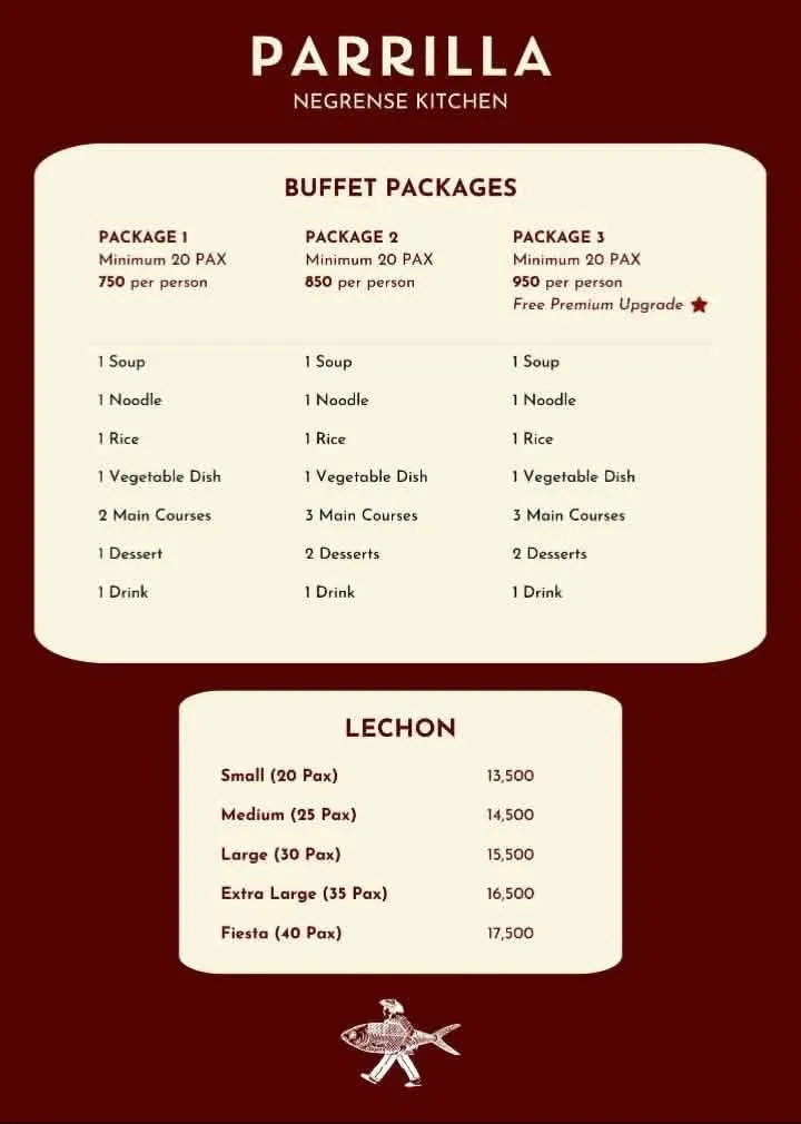 Parrilla buffet tiers and whole lechon pricing by pax