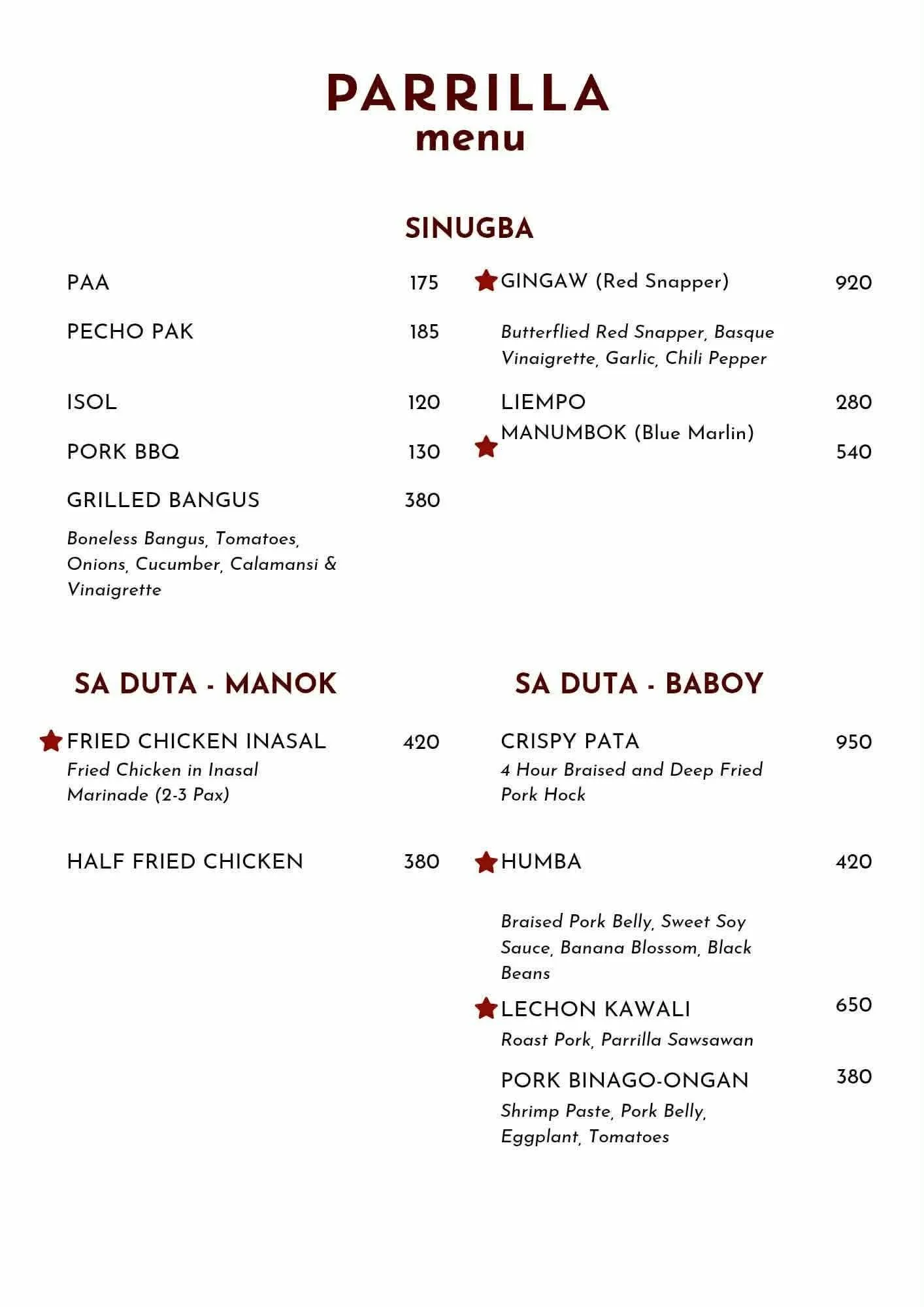 Parrilla menu — sinugba grilled dishes and sa duta chicken and pork