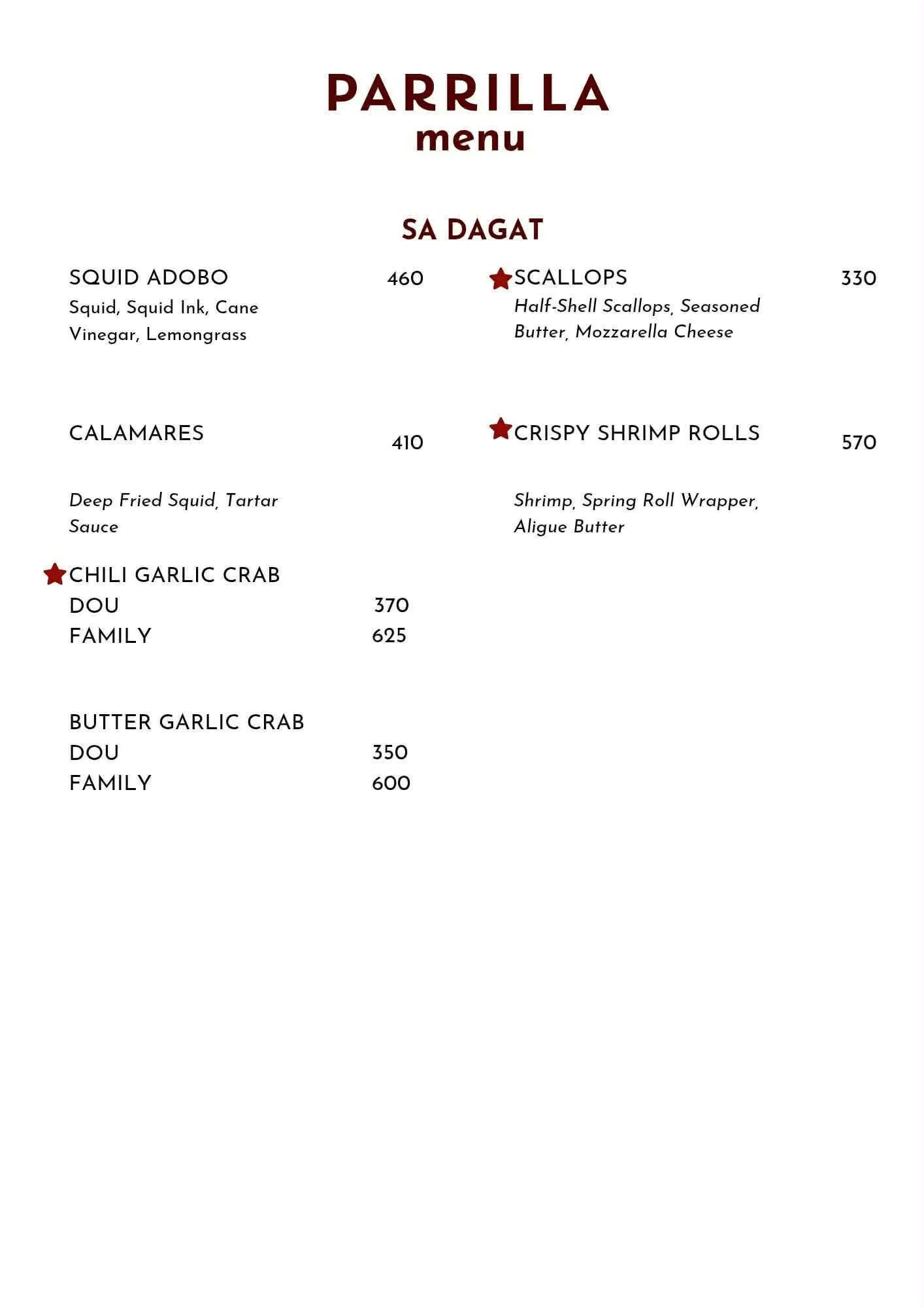 Parrilla menu — sa dagat seafood dishes