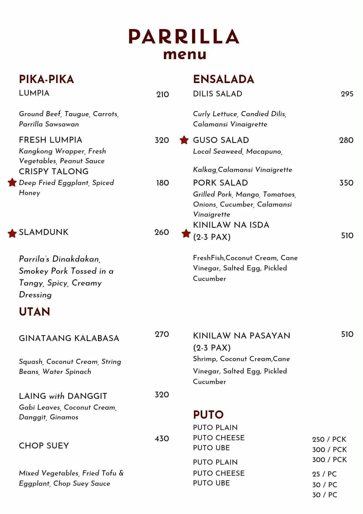 Parrilla menu — pika-pika starters, ensalada salads, and utan vegetable dishes