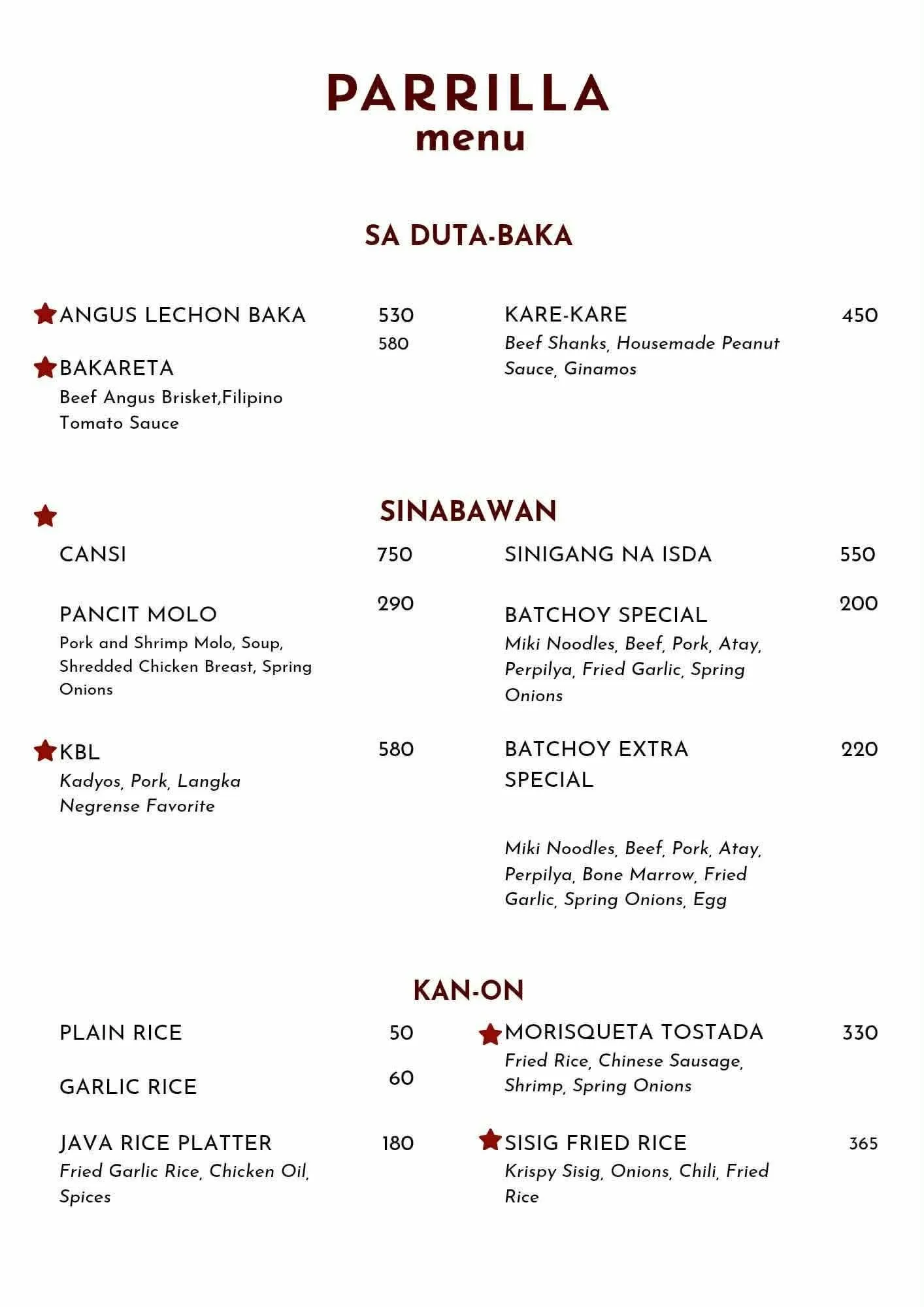Parrilla menu — beef, sinabawan soups including cansi and KBL, and rice