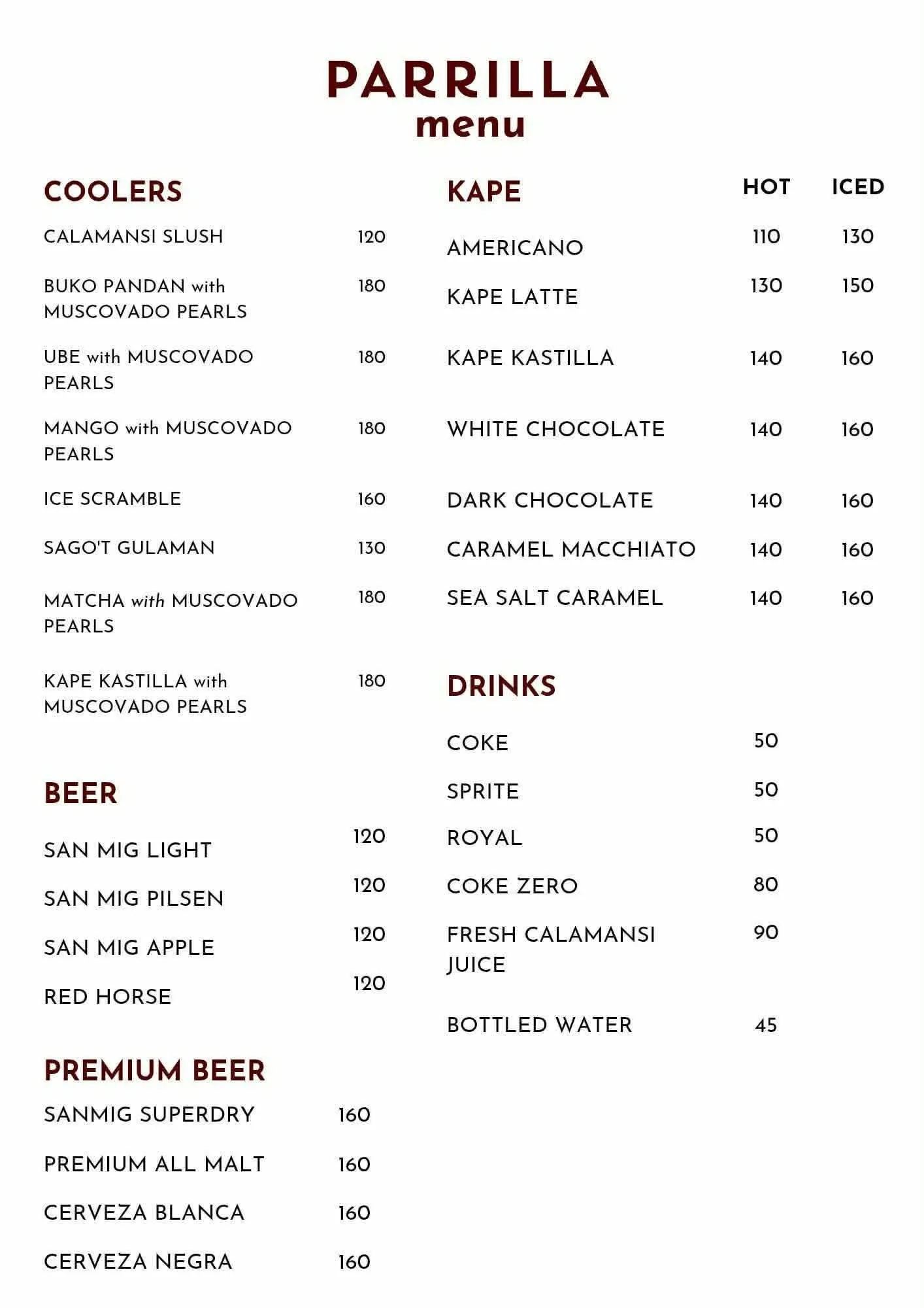 Parrilla menu — coolers, kape coffee, beer, and drinks