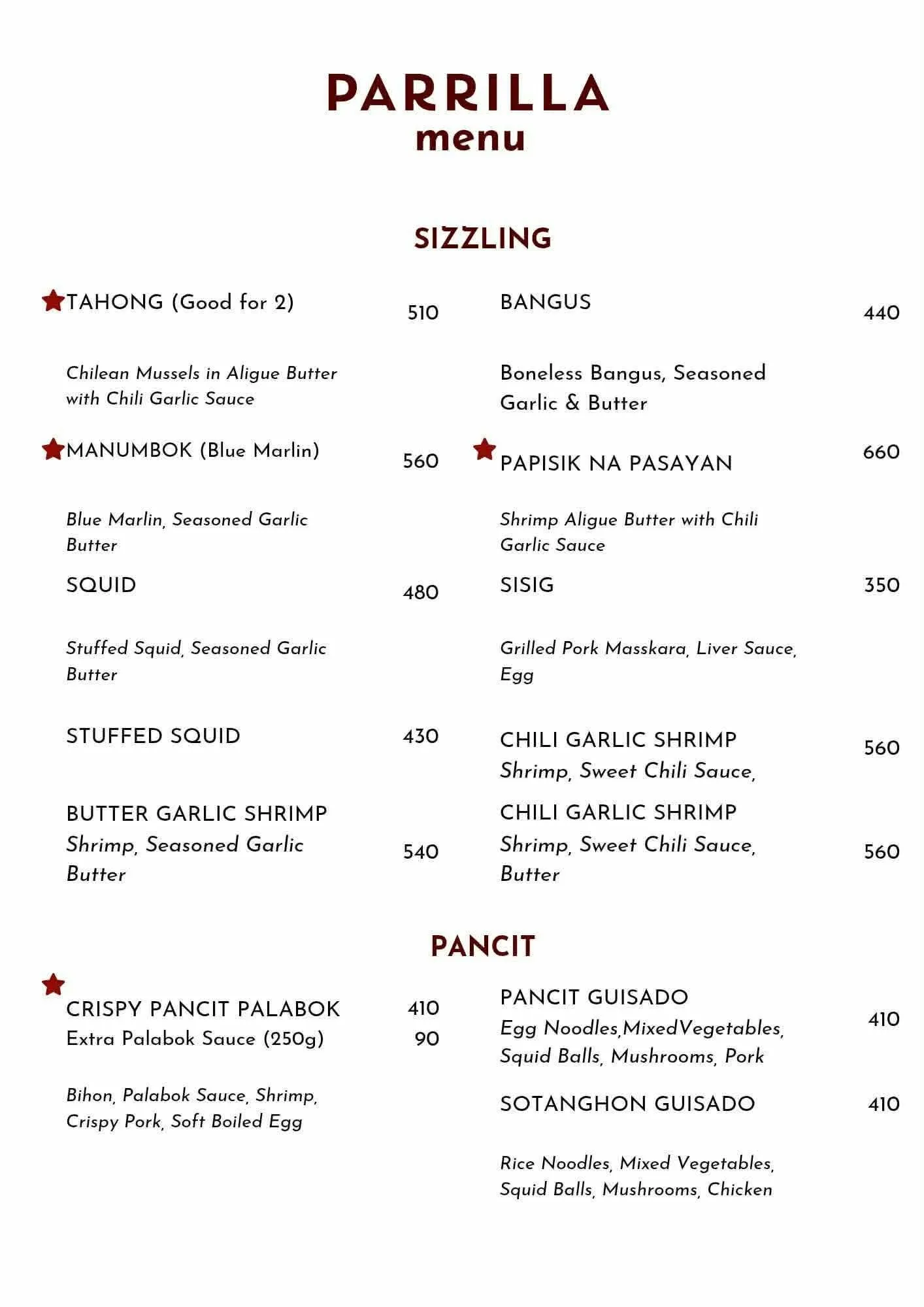 Parrilla menu — sizzling plates and pancit noodles