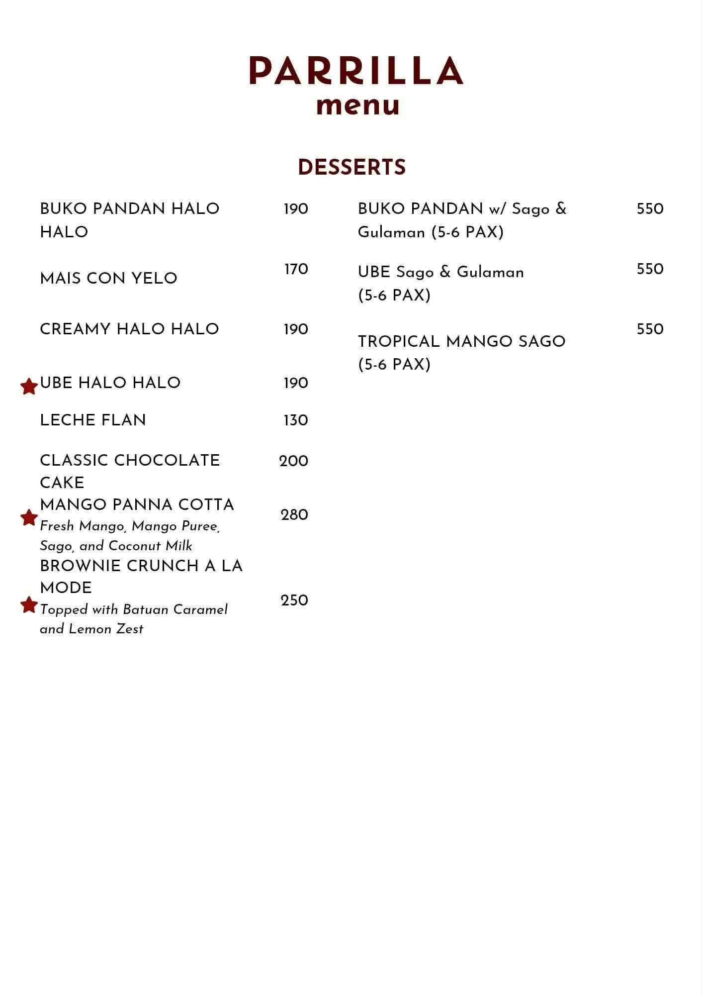 Parrilla menu — desserts including halo-halo, leche flan, and mango panna cotta